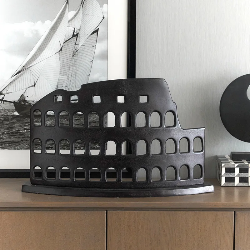 Indian craft aluminum ancient Roman Colosseum architectural ornaments, metal hollow geometric art abstract sculpture