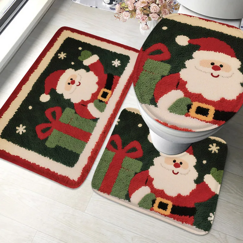 3pcs Santa Claus flannel carpet bathroom door mat shower room anti slip pad toilet lid mat bathroom U-shaped absorbent foot mat