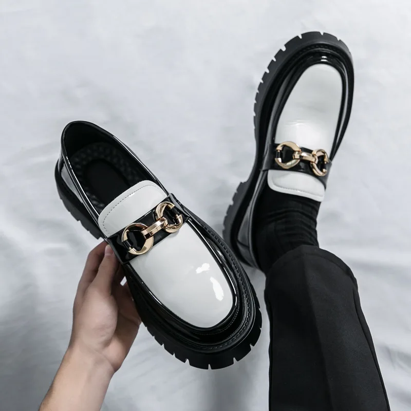 

2025 Loafers Business Dress Men's Horse Buckle Casual Glossy Muffin Heel Heightening Leather Shoes
