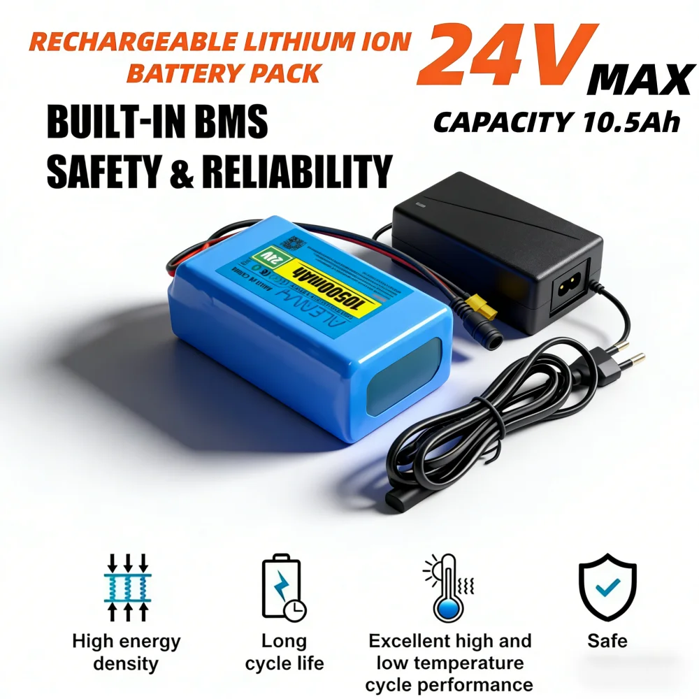 

7S3P 18650 Rechargeable Battery 24V 10.5Ah Lithium Battery with 29.4V 2A Charger, 24V Rechargeable Battery for Kids Ride On Cars