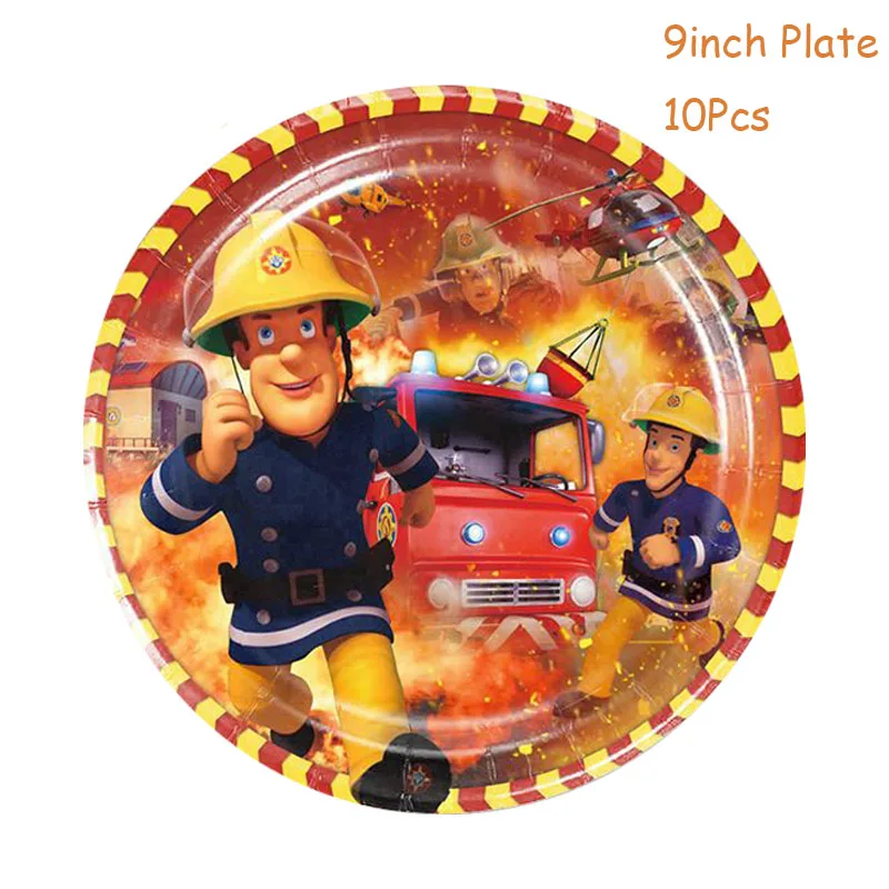 Fireman Sam Themed Tableware Paper Plate Cup Table cloth Fire Truck Ballon Kids Boys Firefighter Birthday Party Decoration