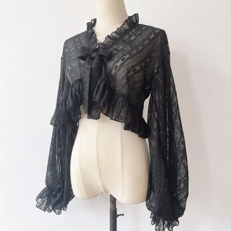 Lolita Chiffon Lantaarn Mouw Vest Vrouwen Herfst Zoete Strik Gebonden Ruche Korte Shirts Japanse Fee Veelzijdige Tops
