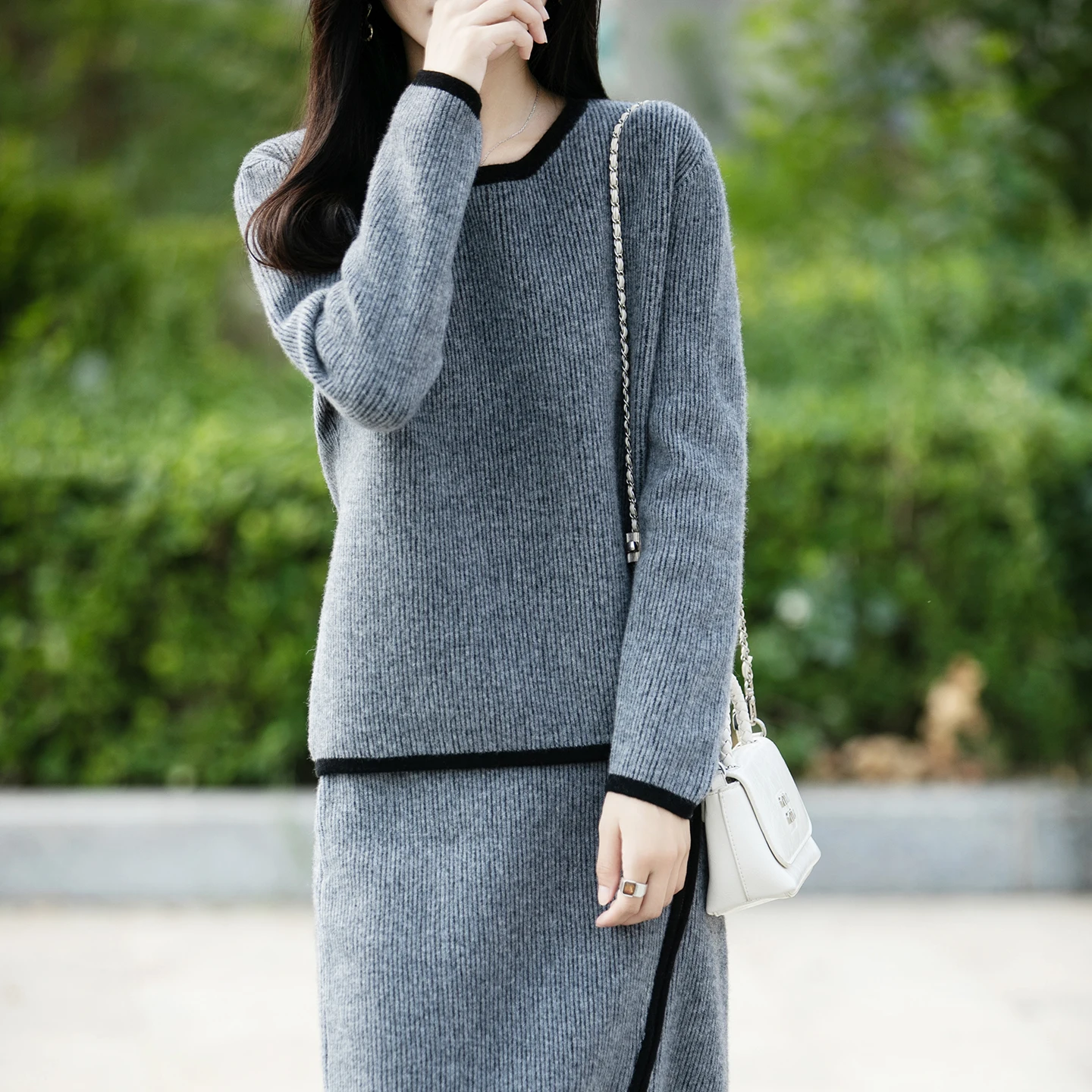 

Пуловер из 100% мериносовой шерсти, длинная юбка, комплект женской вязаной однотонной осенне-зимней кашемировой мягкой одежды с круглым вырезом, теплая повседневная одежда