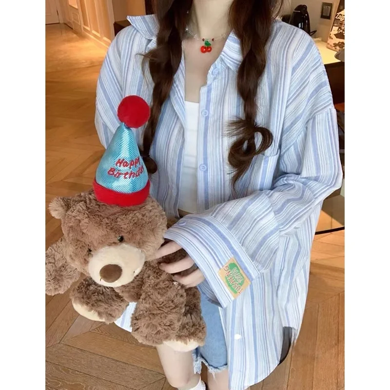 

Синяя полосатая рубашка с воротником, свободная повседневная женская рубашка, весна-осень 2025, новый стиль, открытый кардиган, верхняя одежда, топ из полиэфирного волокна