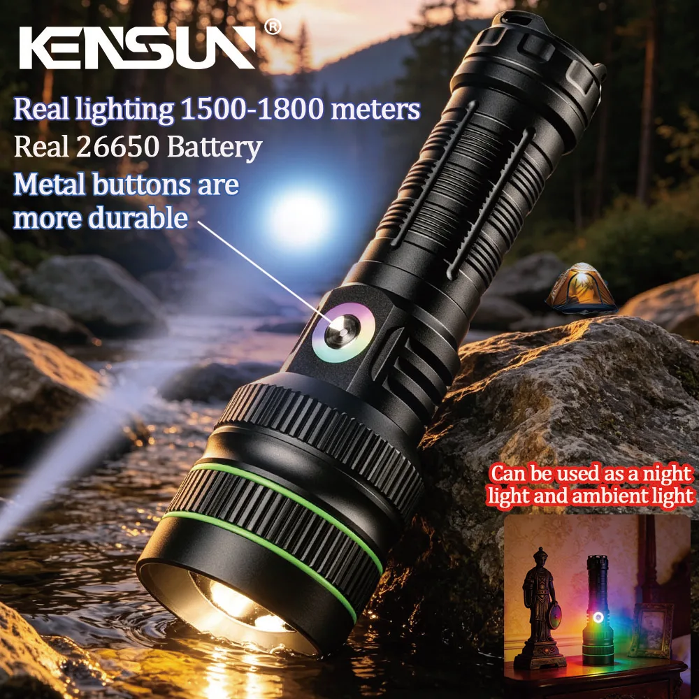 kensunベストセラー長距離照射超高輝度ハイパワーled懐中電灯、金属ボタン付き、超長距離防水仕様