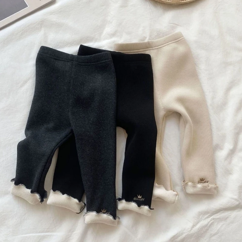 Winter Warm Pants for Girls 1-6 Years Thickening Embroidery Leggings Children Girl Skinny Plus Velvet Pencil Trousers