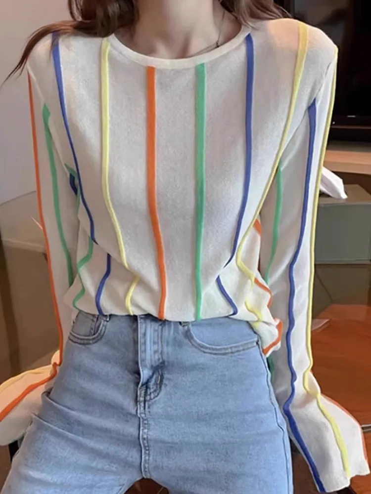 

Rainbow Striped Long Sve Knitted Top Thin Autumn Sun Protection Base Layer round Ne Overhead Versatile Women's Faion