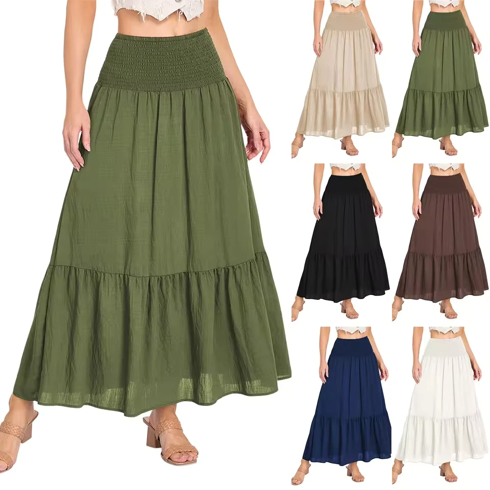 

Women Tiered Ruffle Layer Skirt Summer Boho High Waist Stretch Skirt Solid Color Pocket A Line Skirt Party Club Wear