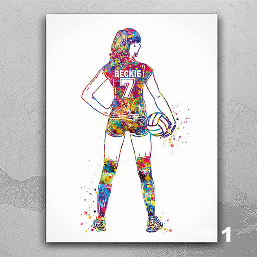 

Volleyball Player Girl Personelized Watercolor Print Volleyball Female Curly Hair Women Canvas Painting Gift Kids Room Decor