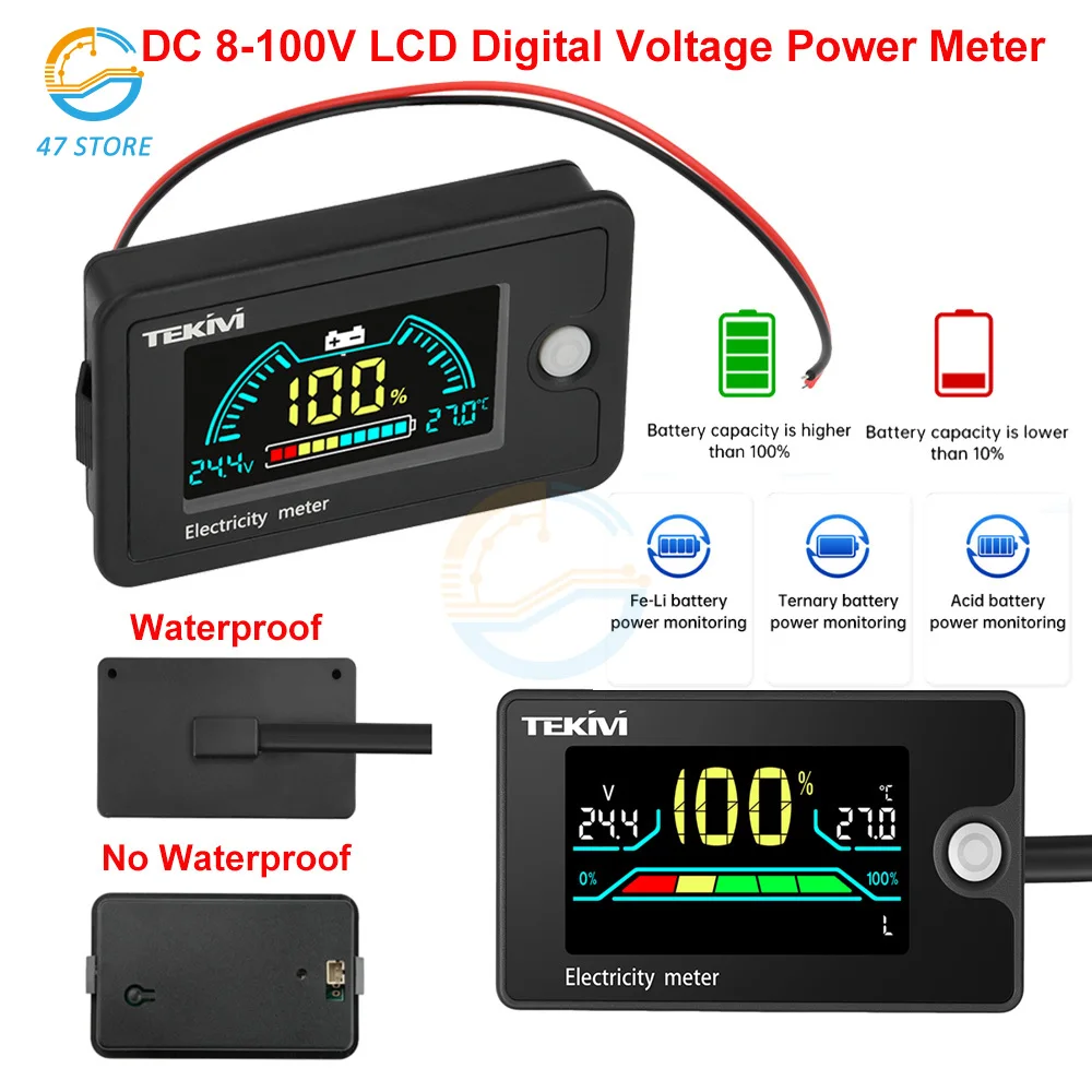 

DC 8-100V LCD Digital Battery Capacity Indicator Voltmeter 12V 24V 48V 72V Ternary Lithium Iron Acid Battery with Temperature