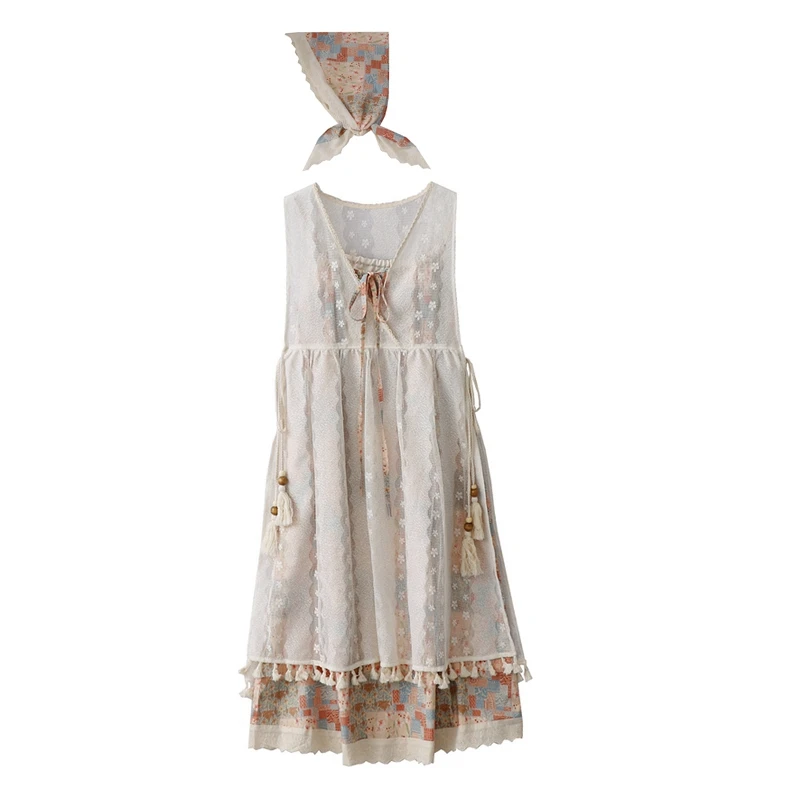 Robe à bretelles à imprimé floral pour femme, écharpe et glands, col en V à lacets, sans manches, smock en dentelle, ensemble trois pièces, été doux