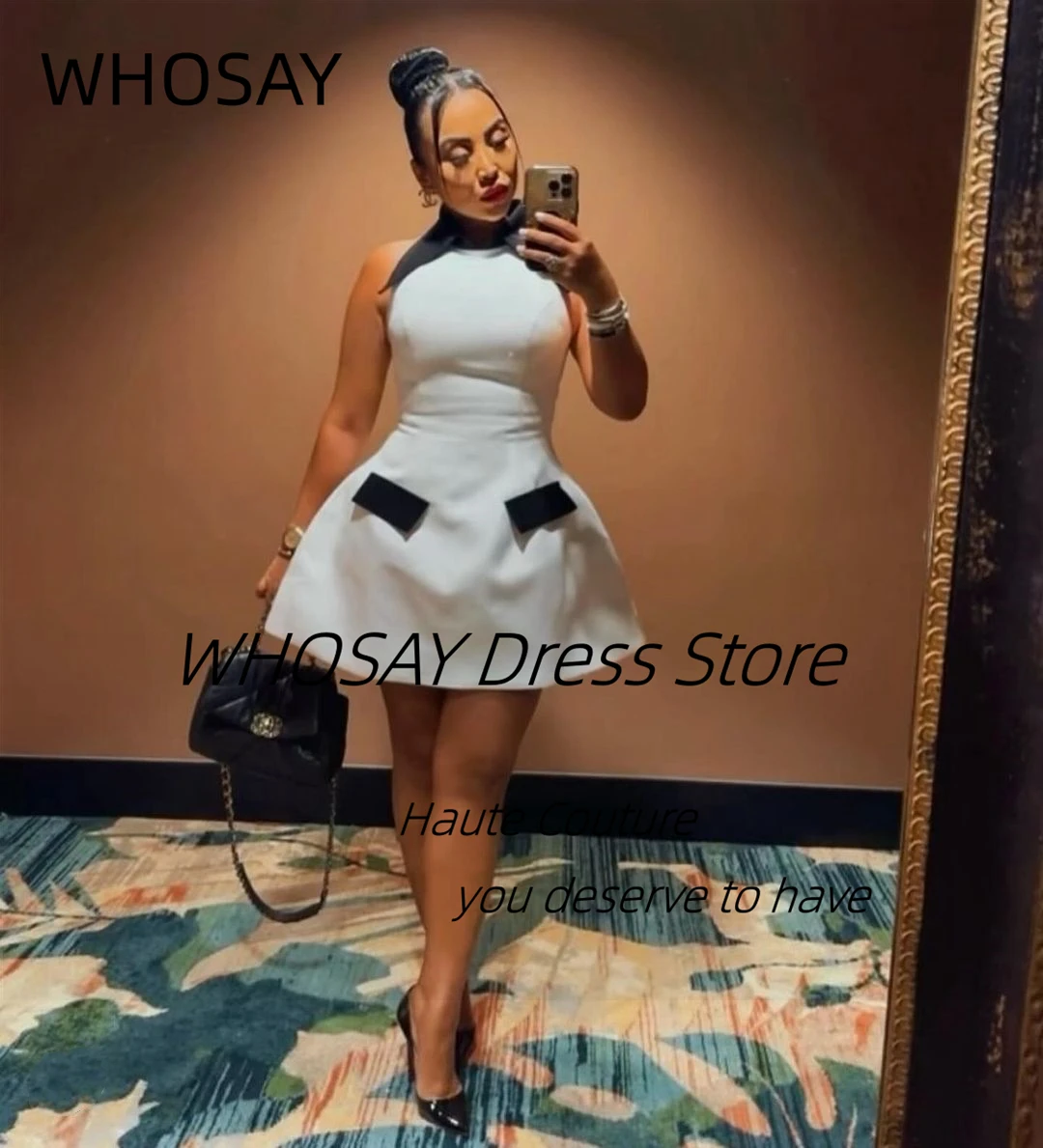 

WHOSAY Satin Mini Prom Dresses Lapel Neckline Homecoming Dress Zipper Back A Line Cocktail Party Short Evening Gowns Customized