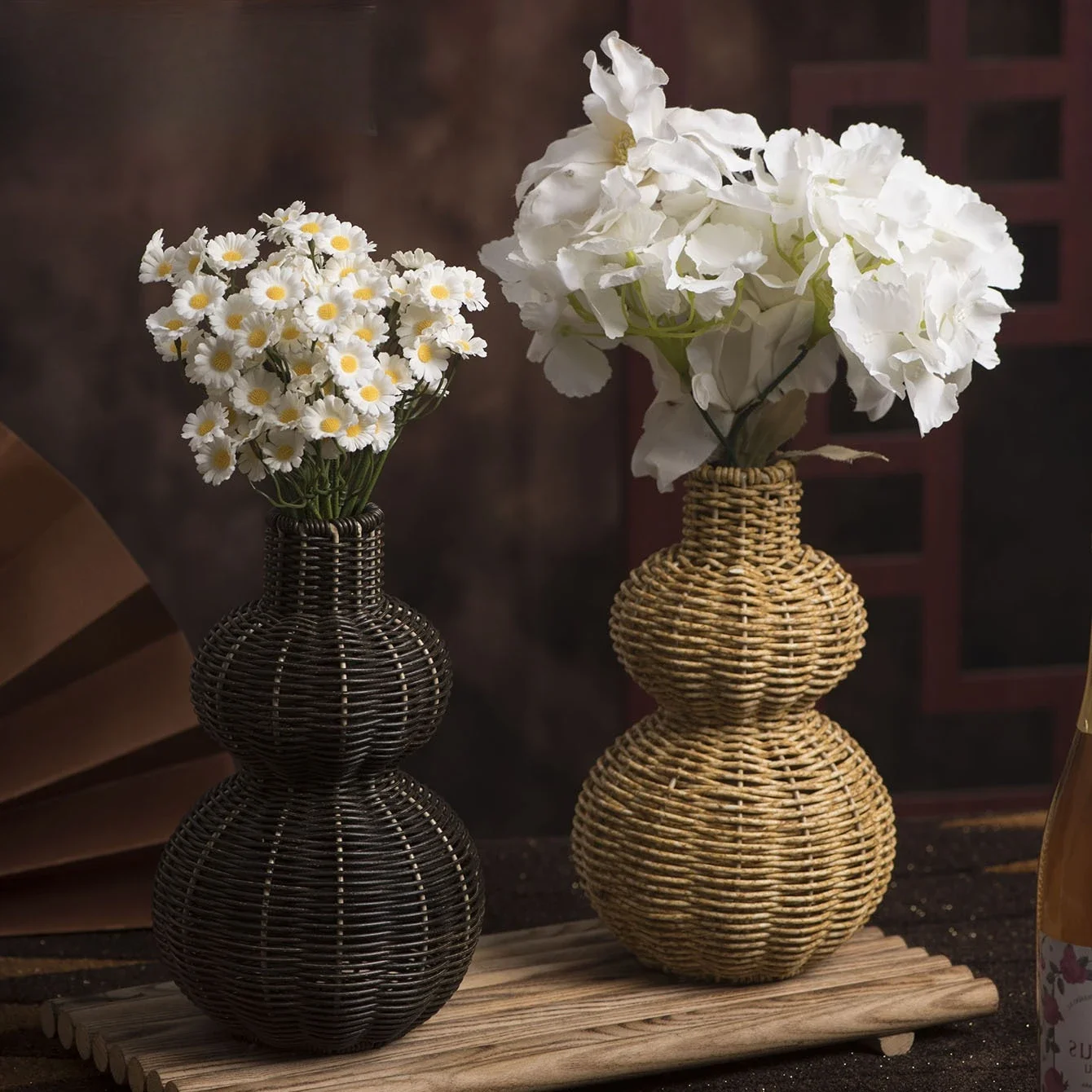 Plastic Calabash Vase Imitation Rattan Weaving Flower Vase Retro Desktop Flower Container Desktop Living Room Home Decoration