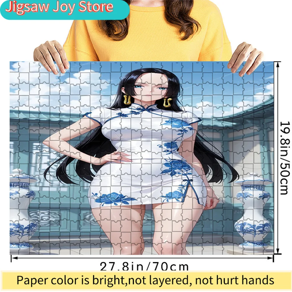 

One Piece Boa Hancock Long Black Hair White Blue Floral Short Qipao Outfit Art Paper Jigsaw Puzzle, Pirate Empress Character Dec