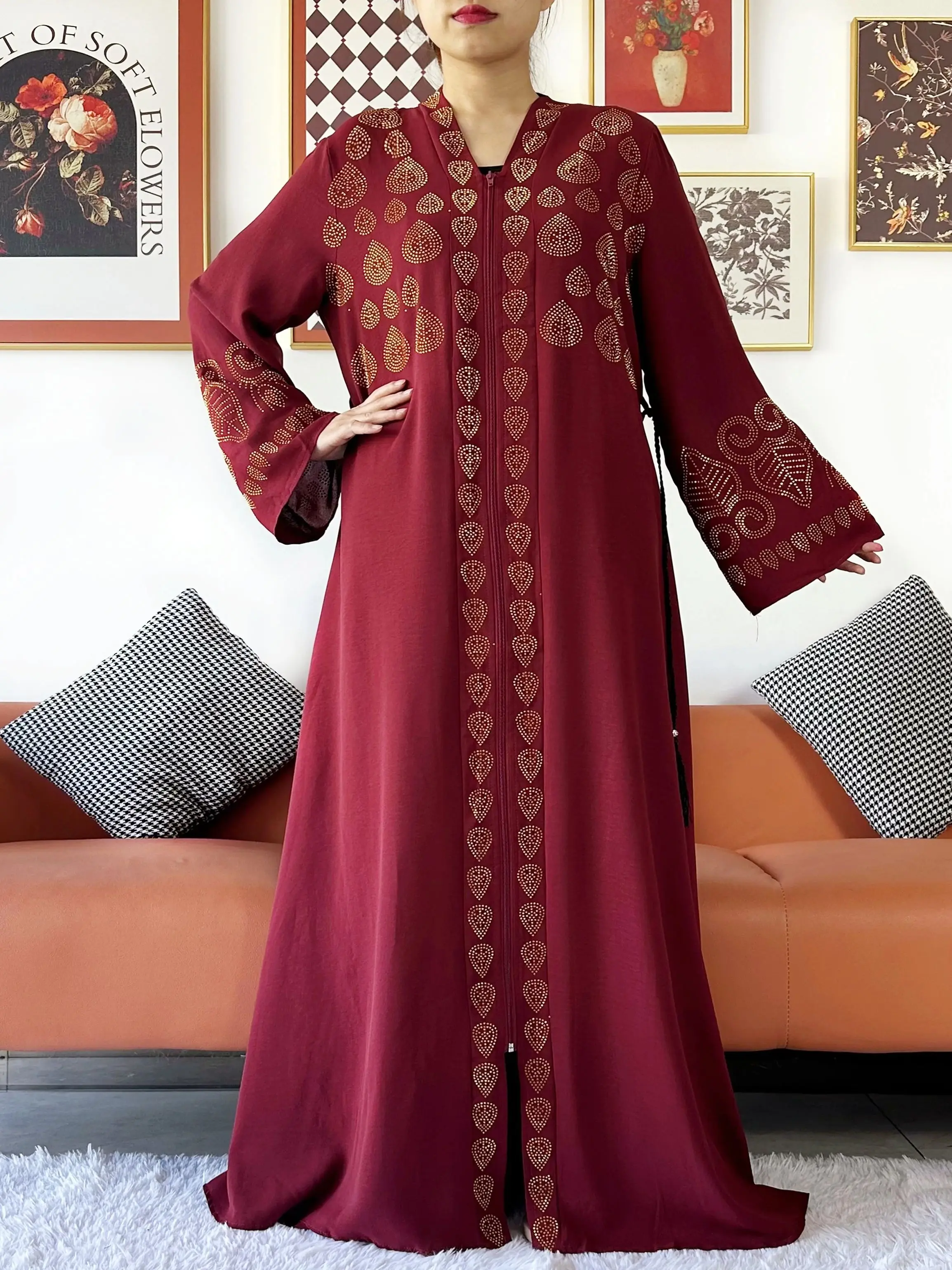 2024 Women Party Dress Chiffon Open Abaya Golden Stones Muslim Women Dress Islamic Clothing Cardigan Abaya Women Muslim Dress