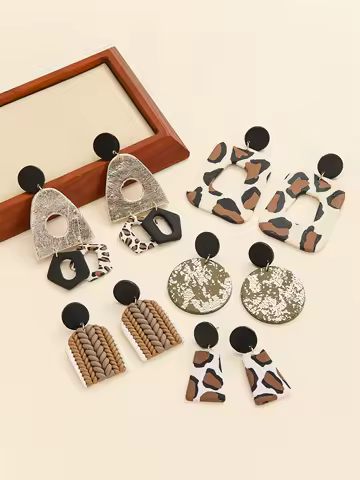 Leopard Print Polymer Clay Earrings Braided Geometric Dangle Jewelry Safari Casual Wear Metallic Texture Fashion for Girls Party