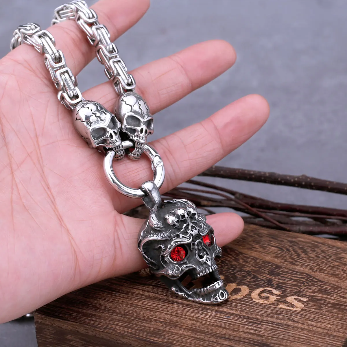 Gothic Red Zircon Inlay Skull Pendant Necklace Men Domineering Stainless Steel Head Necklace Punk Hip Hop Thick Chain Jewelry