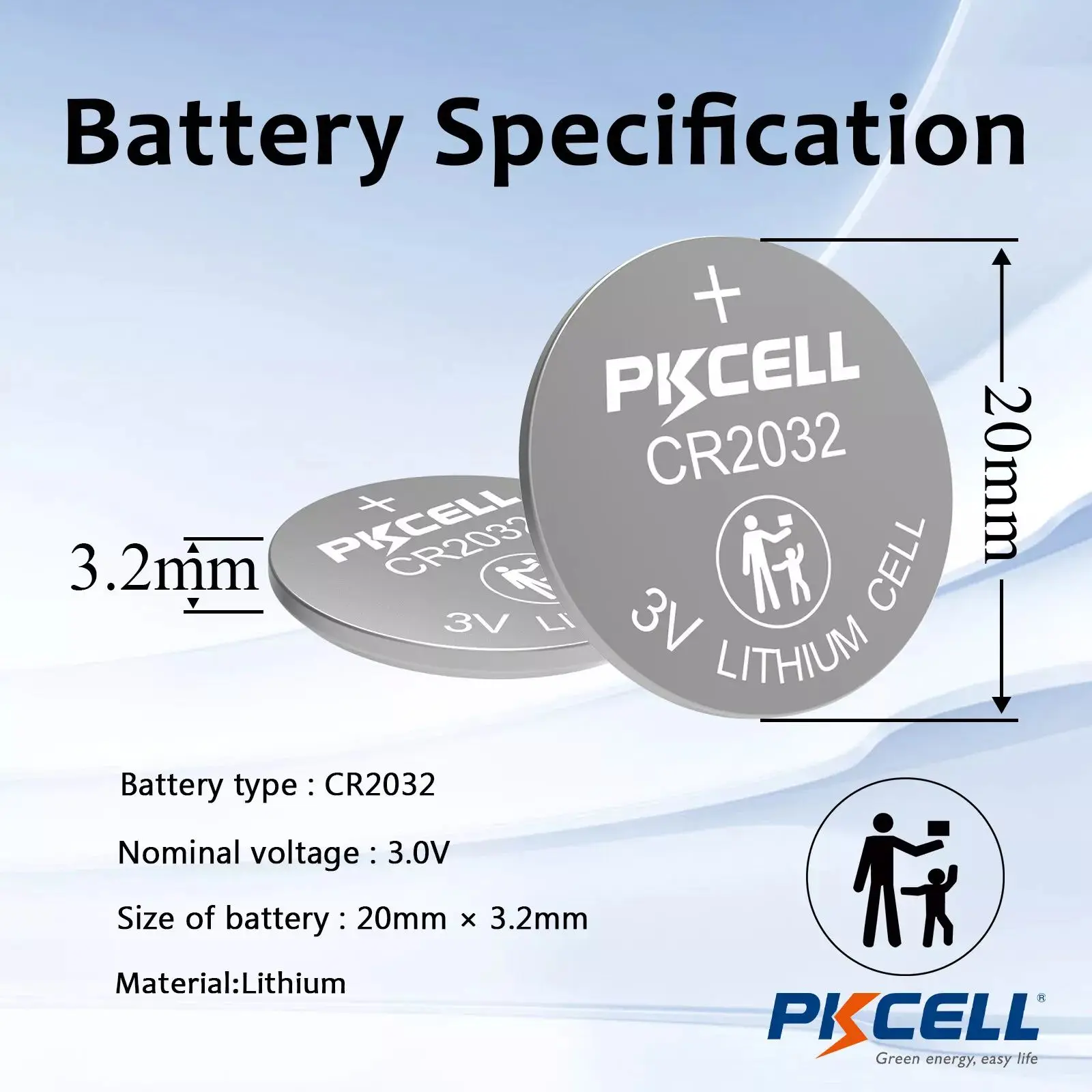 PKCELL 20PCS CR2032  220mAh 3V Lithium Coin Cell Battery BR2332, DL2032 3V Button Cell for Calculators Flashlights