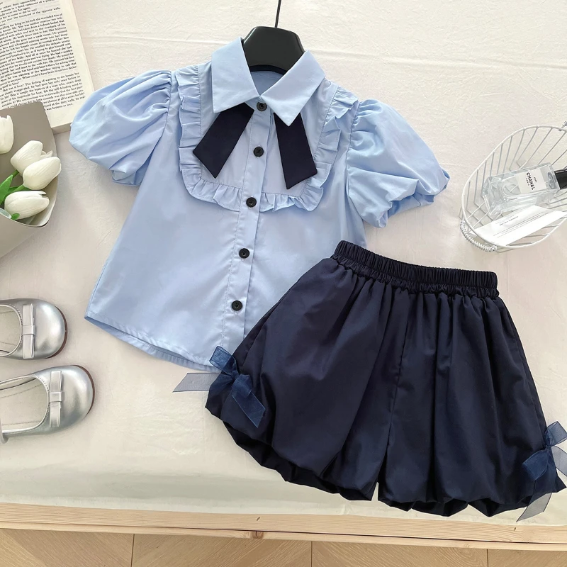 

Girls' Suit Summer New Style Bubble Sleeve Shirt + Bow Bracteel Shorts Two-piece Set Girl Clothes