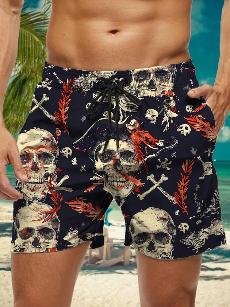 

3d pirate skull print men's swimsuit Japanese fish Hawaiian shorts men's summer swim shorts drawstring casual shorts