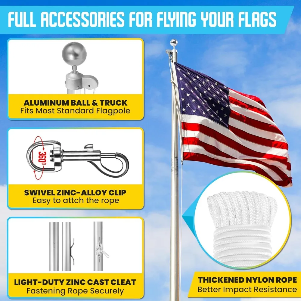 [actualizado] kit de cuerda para mástil de bandera de 5/16 "y 50 pies con 4 mosquetones giratorios de 3,3", camión de bolas, tacos, mástil de bandera con rodamiento de alto peso halyar