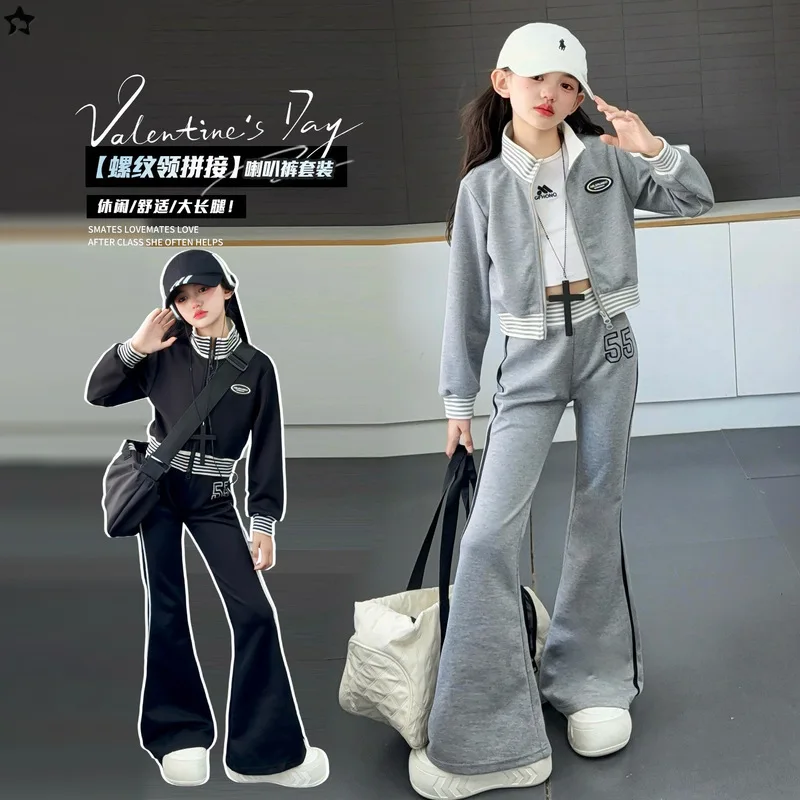 2026 autumn winter teenager kids girl Children set Cloth jacket crop top striped + bell-bottoms pants 4 8 10 11 12 14 15 Year