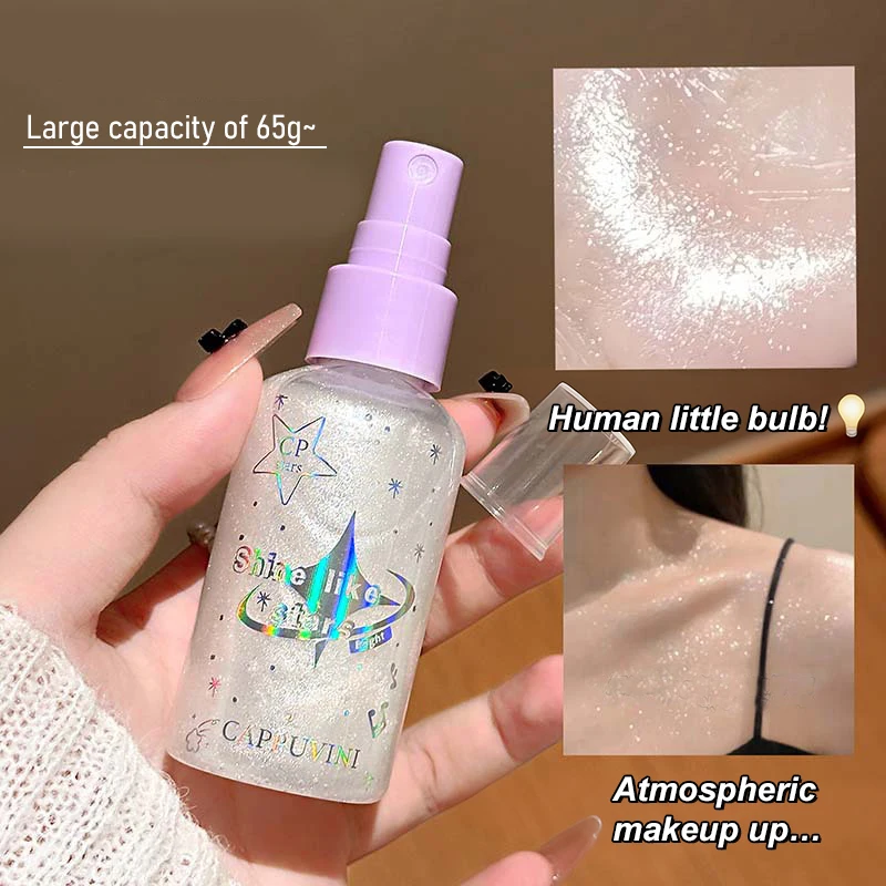 Płynny rozświetlacz w sprayu, brokatowy puder do konturowania twarzy, rozświetlający spray do ciała, szybkoschnący kosmetyk do makijażu z brokatem.