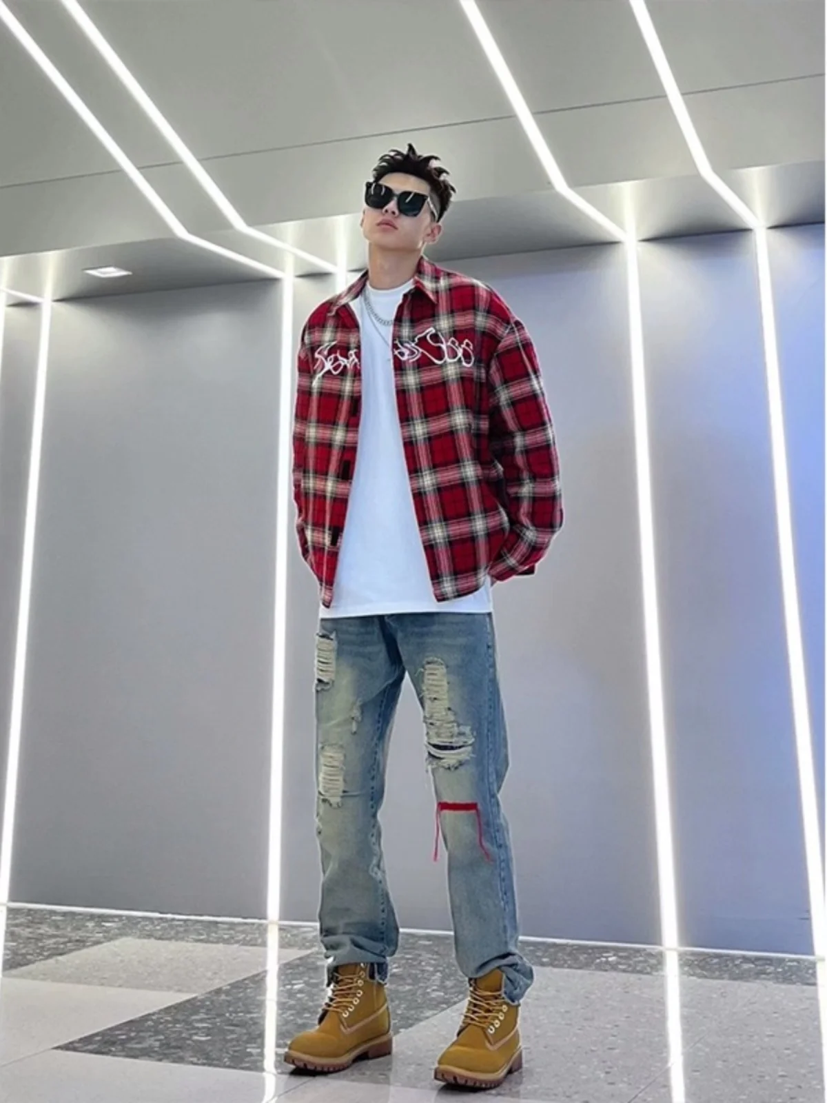 

Red Plaid Long Sve irt Vintage American Sle Men's Spring Autumn Trendy High Quali Couple Outerwear Loose Fit Youthfu...