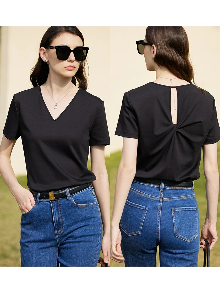 AMII Minimalism 100% Cotton Hollow Out Solid Short Sleeves Tees 2023 Summer New V Neck Top Women Casual Female T Shirt 12342289