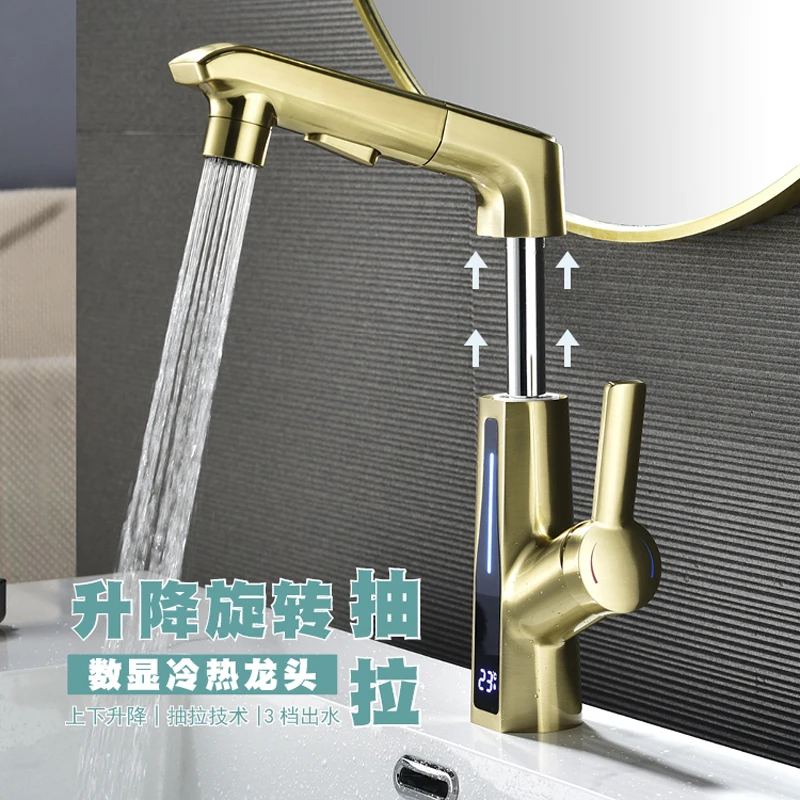

Deck Mount Bathroom Pull Out Sink Faucet Single Handle Hot and Cold Mixer Taps 3 Modes One Hole Vanity Sink Faucet Brushed Gold