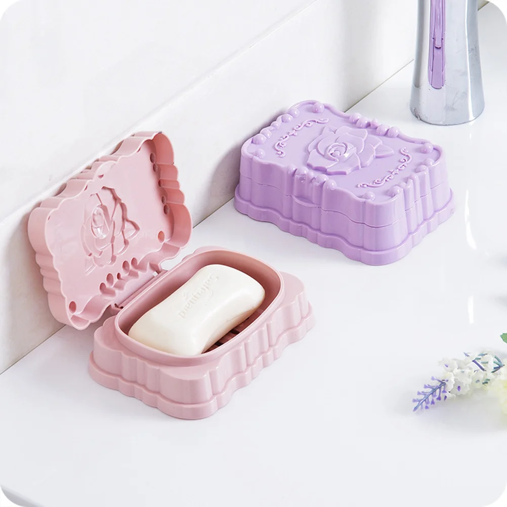 Rose Soap Box Bathroom Storage Dish Drain Rack Holder Container Case With Lid (Violet)