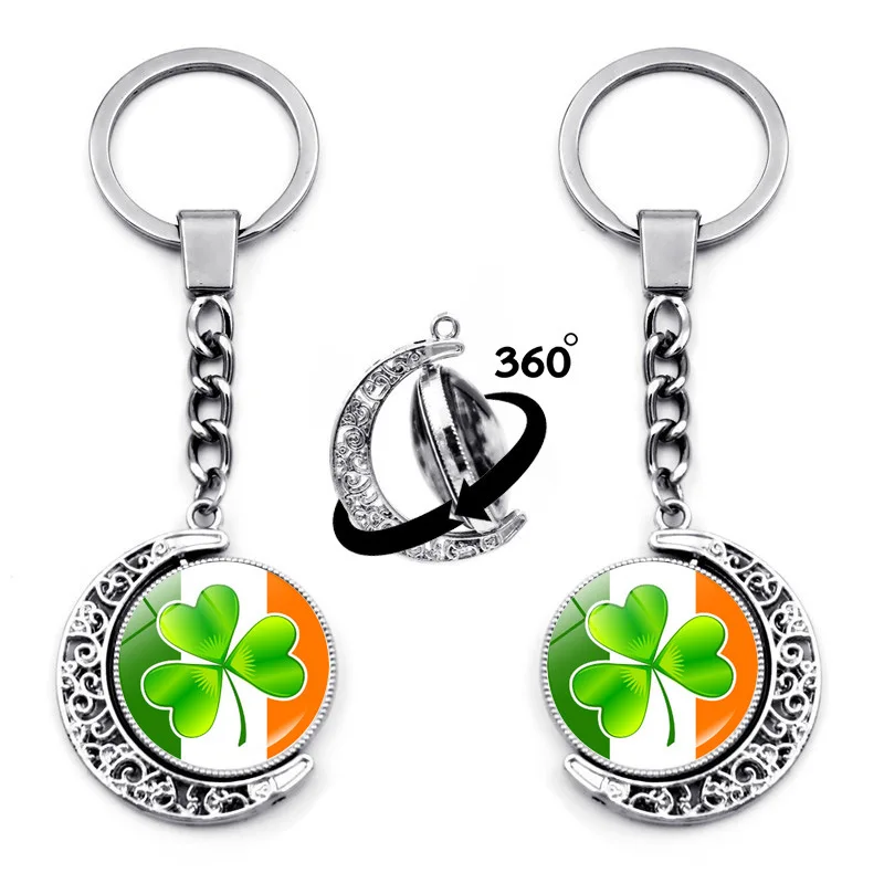 Ireland Flag Car Keychain Metal Chain Double Sided Rotating Moon Glass Pendant Lucky Clover Keyring Tourism Souvenir Gifts