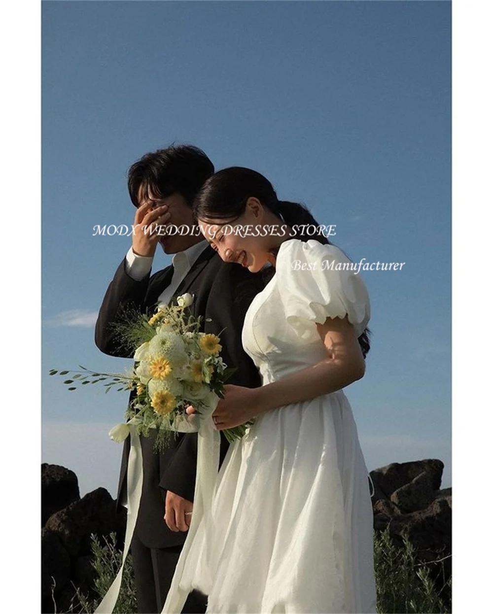 MODX Simple Short Wedding Dresses Korea Photo shoot Square Collar Taffeta Pleat Back Lace up Bridal Gowns Formal Party Dress