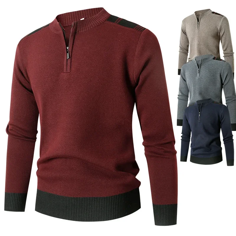 

2023 Autumn/Winter Zipper Half High Neck Knit Fashion Color Matching Slim Fit Men's Sweater Bottom Casual Top