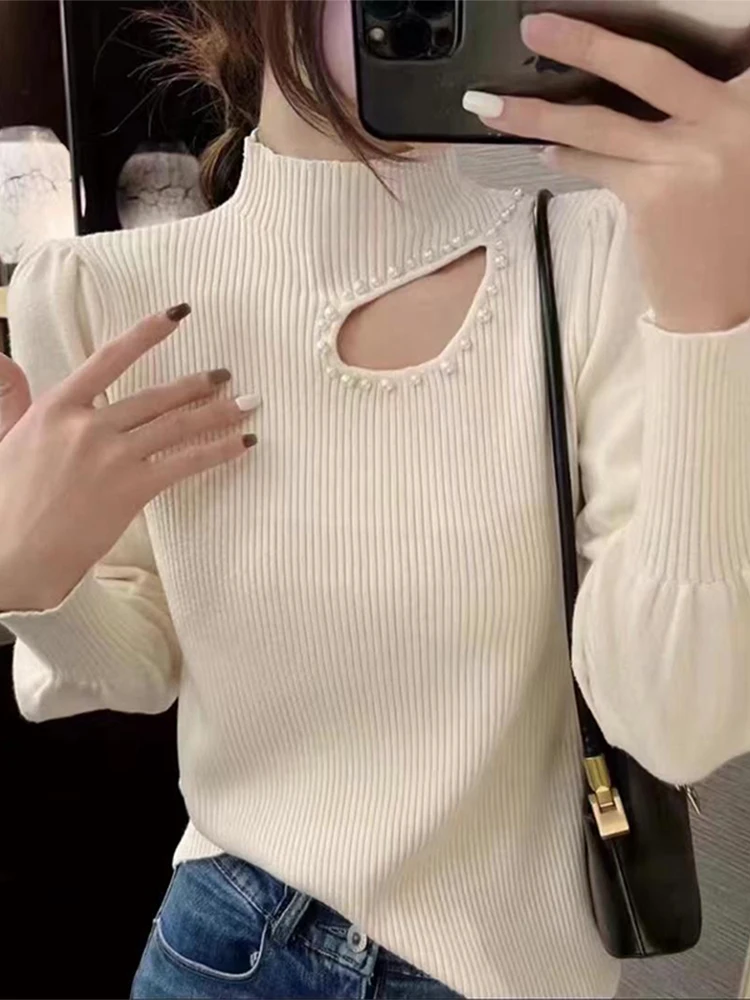 2024 Hollow-out Beading Turtleneck Slim Jumper Soft Warm Pull Femme Autumn Winter Sweater Women Knitted Ribbed Pullover