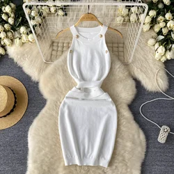 Buttons Summer Women's Knitting Sheath Tank Dress Female Bodycon Knitted Camisole Sleeveless Mini Dresses For Woman Outfits