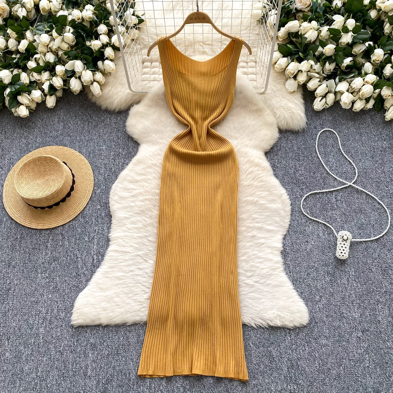 2025 New Sexy Kniiting Chic Dresses Women Sleeveless O Neck Bodycon Solid Slim High Quality Elastic Basics Maxi Long Tank Dress