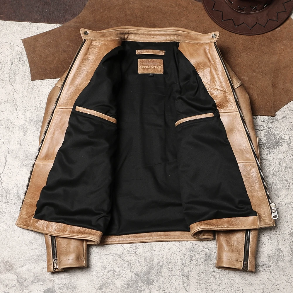 England Style Beige Autumn Leather Jacket Men Plus Size 4XL Natural Thick Cowhide Slim Fit Short Genuine Leather Coat