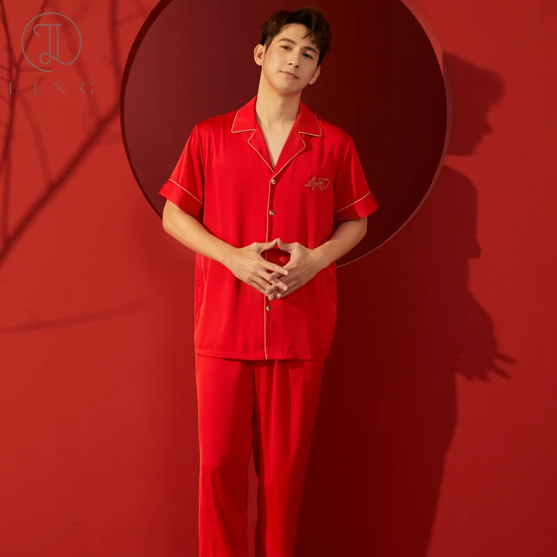 Ling Solid Silk Couple's Pajamas Wedding Pajamas Sets Plus Size Full Sleeve Hot Red Color 2 Pcs Wedding Pajamas Sleepwear