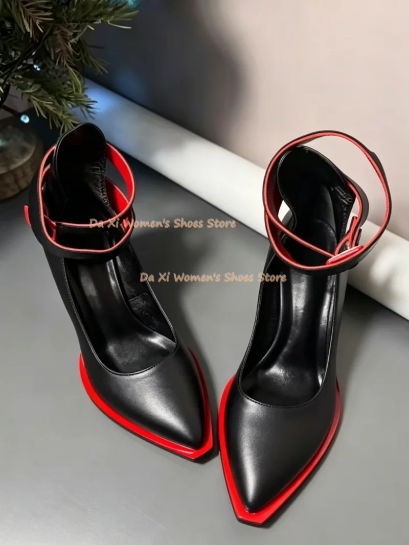 Luxury Black Red Edge Contrast Women Pumps Square Ankle Buckle Strap Heels Evening Heel Shoes Chunky Heels Shallow Women's shoes