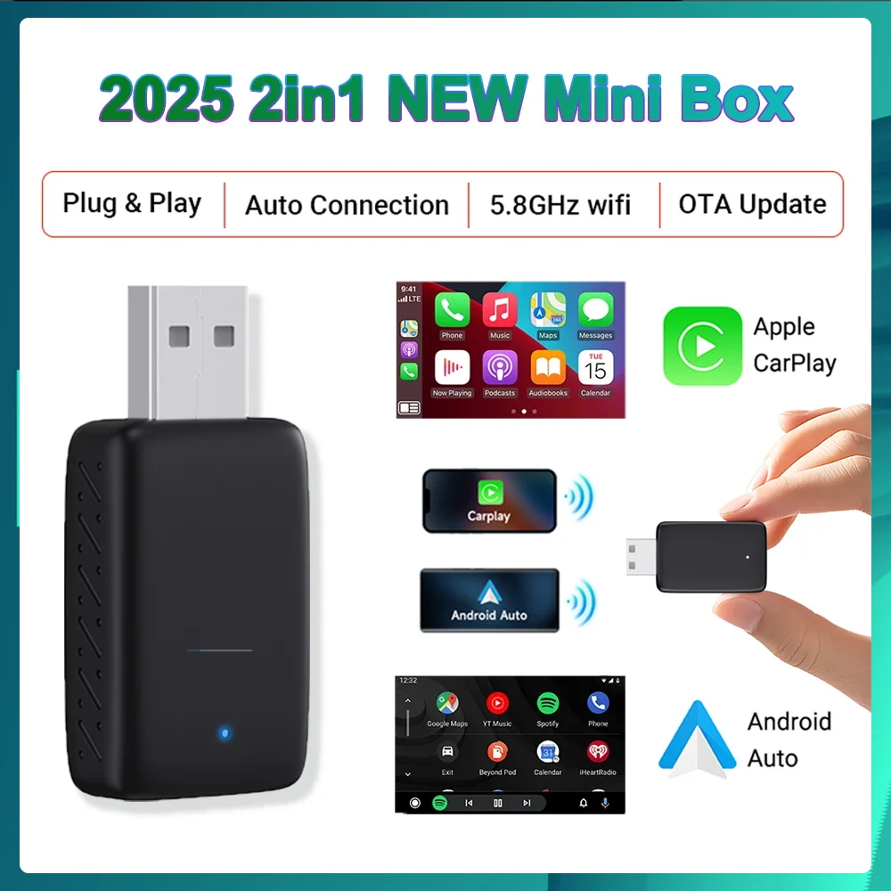 2025 NEW Mini 2in1 Wireless CarPlay&Android Auto Wireless Adapter Mini Box BT WiFi Fast Connect Plug&Play for Wired CarPlay Car