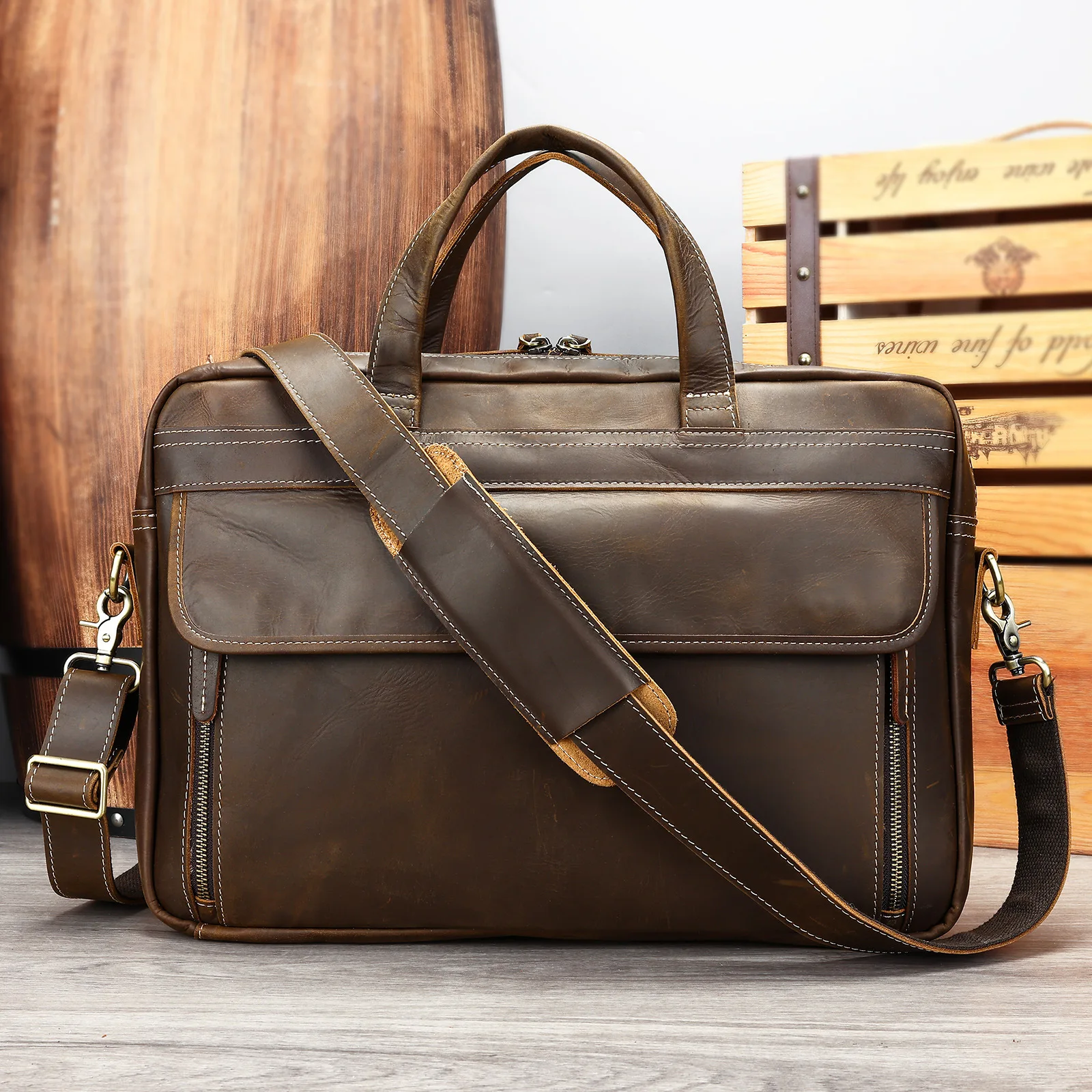 

Crazy Horse Leather Briefcase for Men with Large Capacity and High-end Feel