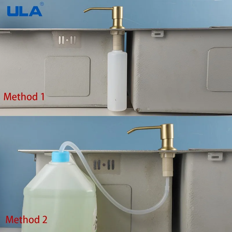 ULA Gold Kitchen Sink Liquid Soap Dispenser Liquid Soap Bottle Sink Mount Stainless Steel Head Hand Press Dispenser Bottle