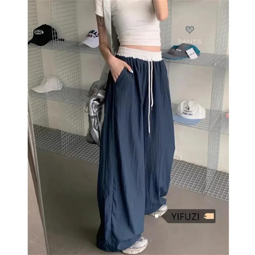 Y2k Casual Baggy Pants Women Patchwork Elastic Waist Wide Leg All Season Texture Drape Straight Hop Pants Loose Street Trousers