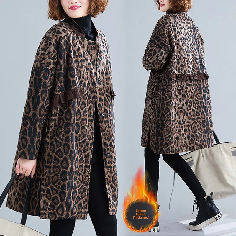 معطف صوفي نسائي كبير الحجم للخريف والشتاء مع كشكش من الخشب متوسط الطول يخفي اللحوم معطف مبطن بالقطن للتخسيس