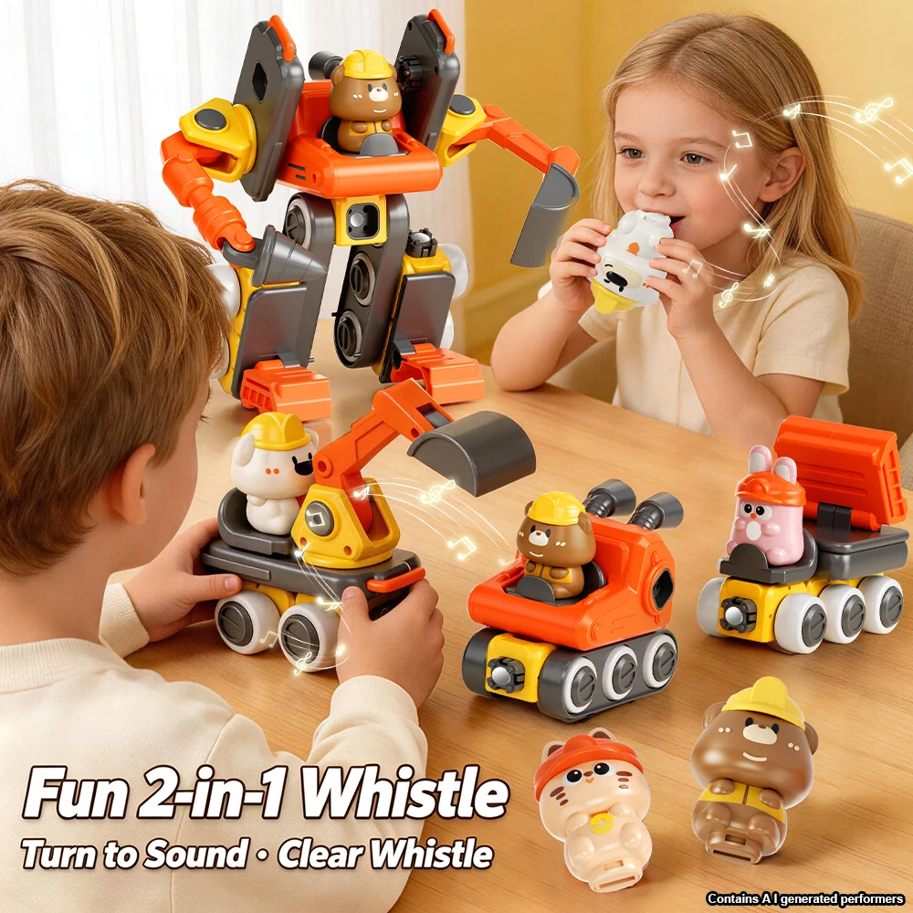4-in-1 Magnetic Connection Engineering Vehicle Set Excavator Dump Truck Robot DIY Assembly Model Sound Whistle Kids 3+ Gifts