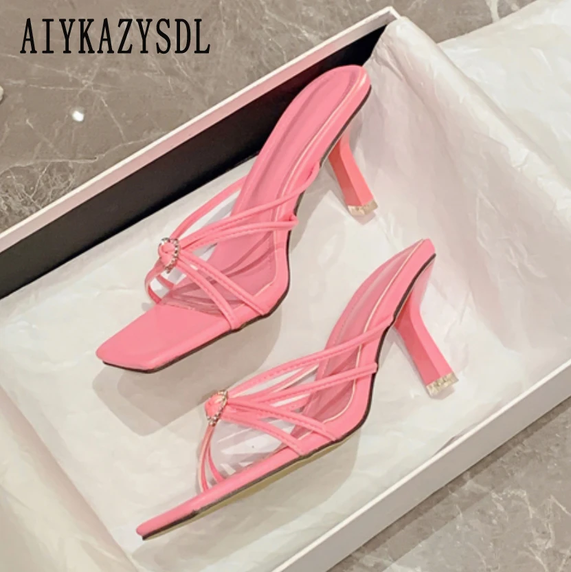 

AIYAKZYSDL 2023 Summer Pink White Slippers Square Open Toe Cross Strap Heel Mules Slides Flip Flops Sandals Female Shoes Casual