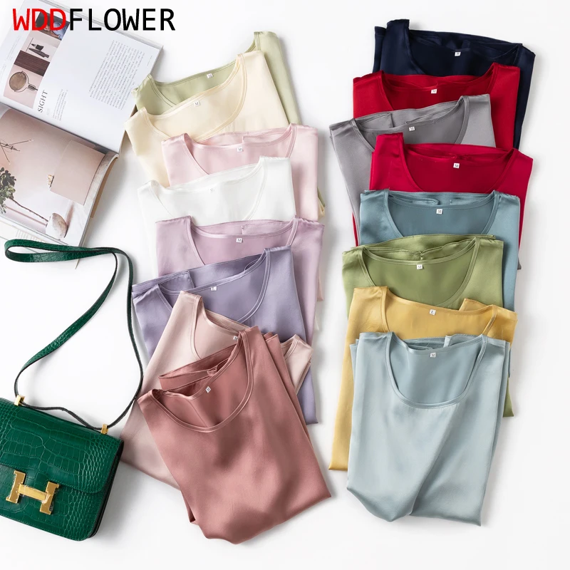 Women 100% Mulberry Silk 19 Momme half sleeve Crew Neck Top Shirt Blouse T-shirt More Colors M L XL MM4270