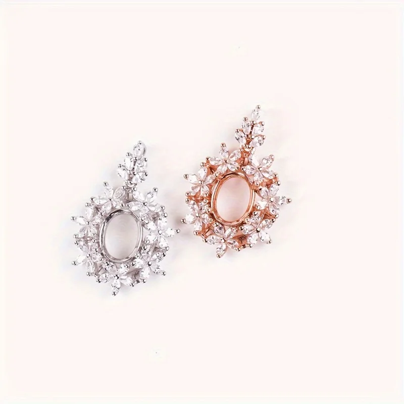 7x9mm oval prong pendant settings, flower s925 sterling silver rose golden charm with rhinestone for DIY crafting jewelry