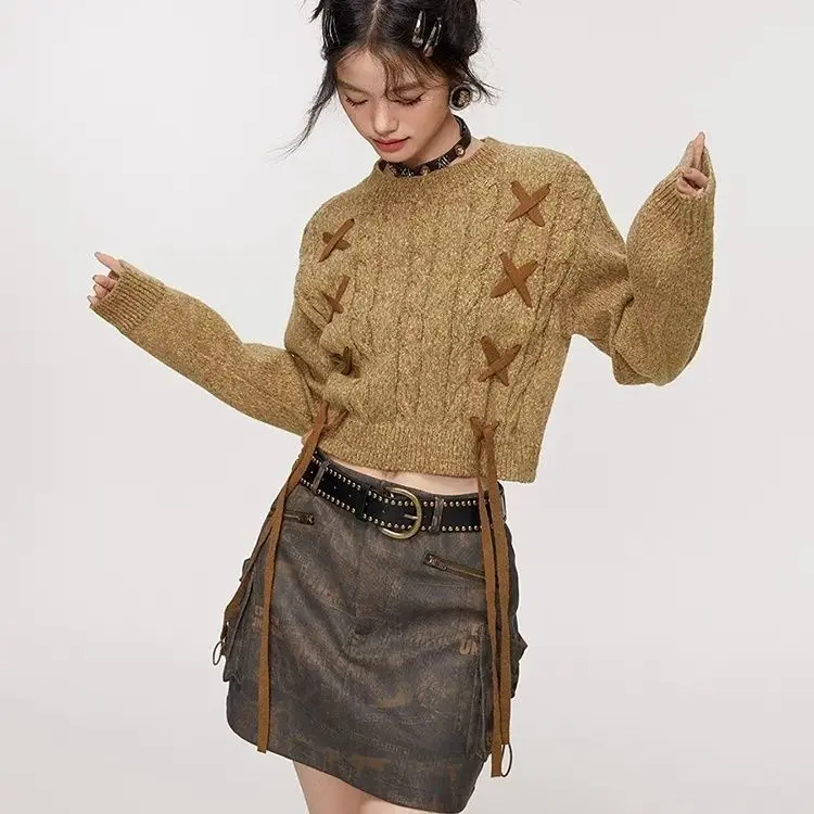 

2024 Spring Korean Style Hot New Retro Outerwear Knitted Sweater Advanced Round Neck Ins Loose Lazy Knitted Sweater Top